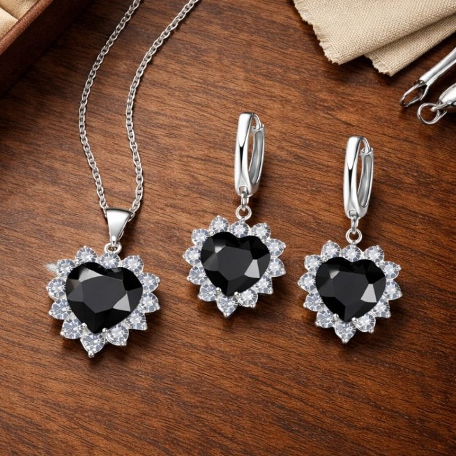 925 Silver Plated Black Heart Halo Cz Necklace Earrings Set Valentine's Day Gift